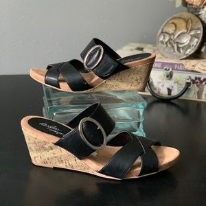 Black Wedge Mules Slip On Buckle & Cork Heel 9.5
